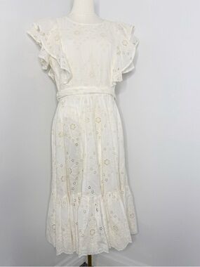 Ivy City White and Cream Eyelet Ruffle Midi Dress Belted Large Feminine